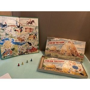 1947 MILTON BRADLEY Board Game FUN ON THE FARM original box USED ~Actual Photos~